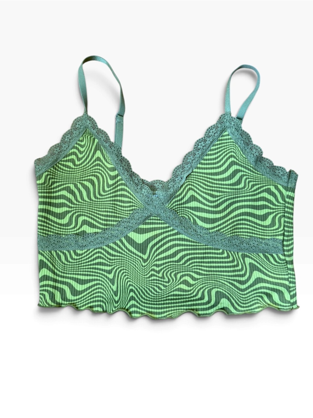 H&M Green Wave Lace-Trim Cropped Tank Top